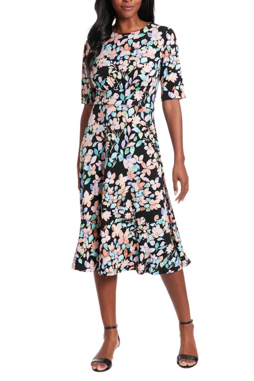 NEW LONDON TIMES floral a-line midi dress in black lilac